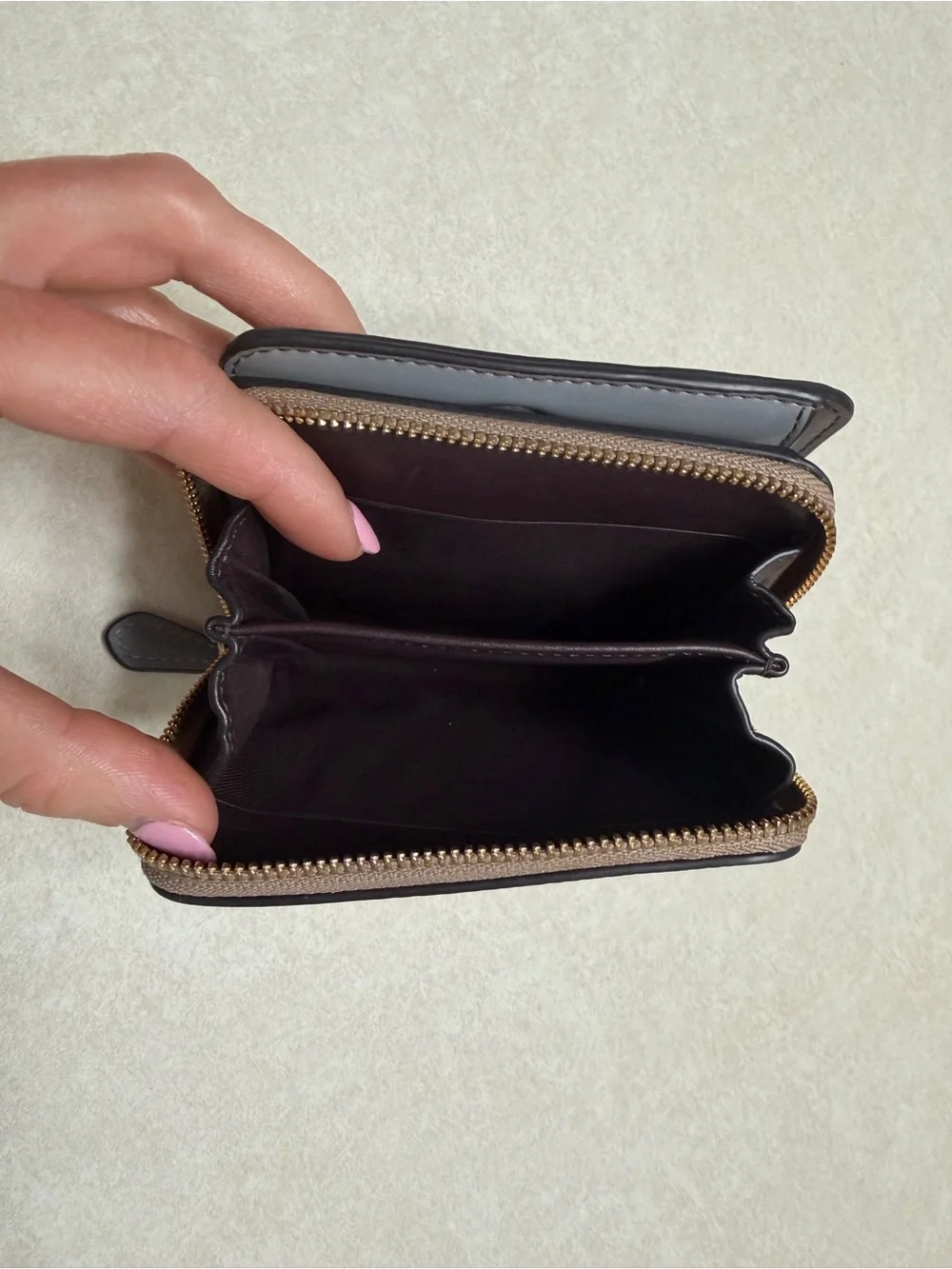 Coach Pebbled Leather Zip Wallet in Taupe Brown with Gold Logo